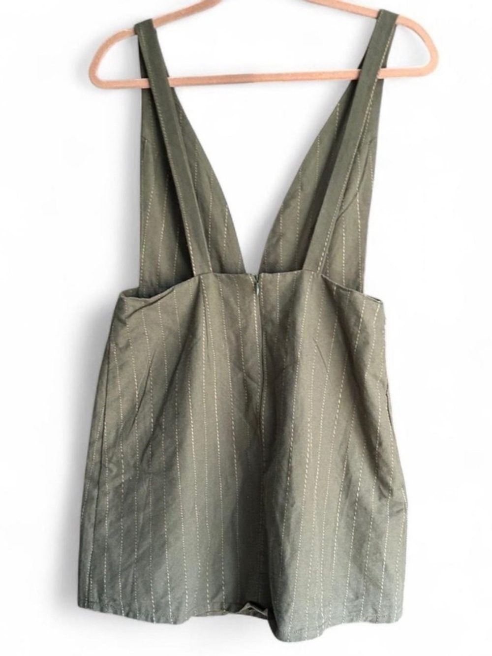 Hayden Jumper Pinafore Olive Green Pinstripe Overall Dress Buttons 100% Cotton - Picture 13 of 14